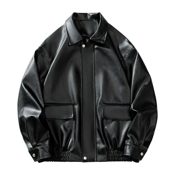Mens Big & Tall Leather Jackets with Pockets Plus Size M-5X Long Sleeve Coats Trendy Solid Color Zip Up Collared Thermal Vintage Motorcycle Jacket