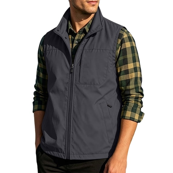 Mens Big & Tall Lightweight Full Zip Stand Collar Golf Vest, Multi Zipper Pockets Sleeveless Casual Outdoor Hiking Fishing Travel Waistcoat Jacket Size M-5XL Gray