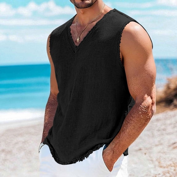 Mens Big & Tall Linen Tank Tops Plus Size Summer Ripped Shirts for Men Casual Lightweight Sleeveless V Neck Summer Beach Vests S-4X