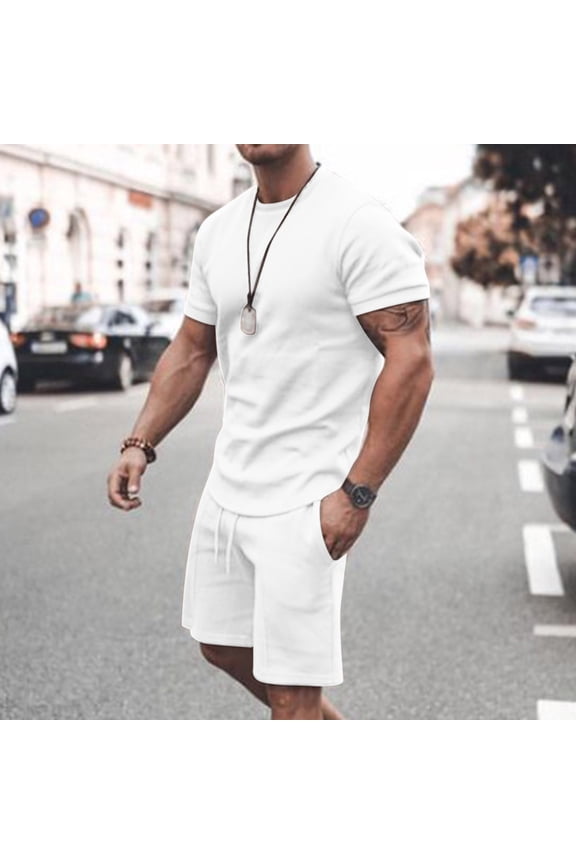Mens Big & Tall Outfits 2 Piece Workout Sets M-6X Plus Size Casual Solid Short Sleeve T-Shirts and Shorts Relaxed Going-Out Suits Set