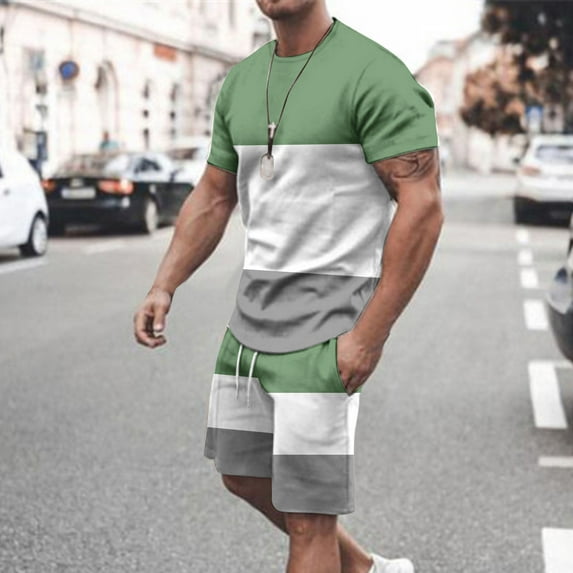 Mens Big & Tall Outfits Sets S-5X Plus Size 2 Piece Tracksuits with Pockets Casual Color-Block Short Sleeve T-Shirts and Shorts Workout Set