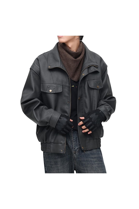 Mens Big & Tall PU-Leather Jackets Plus Size M-4X Long Sleeve Coats with Pockets Trendy Solid Button-Down Zip Up Collared Motorcycle Outerwear Jacket