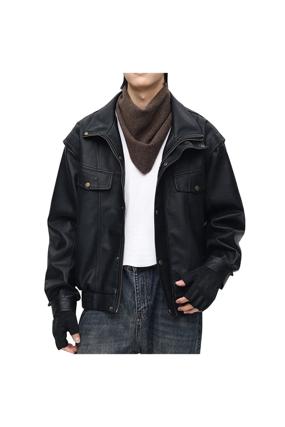Mens Big & Tall PU-Leather Jackets Plus Size M-4X Long Sleeve Coats with Pockets Trendy Solid Button-Down Zip Up Collared Motorcycle Outerwear Jacket