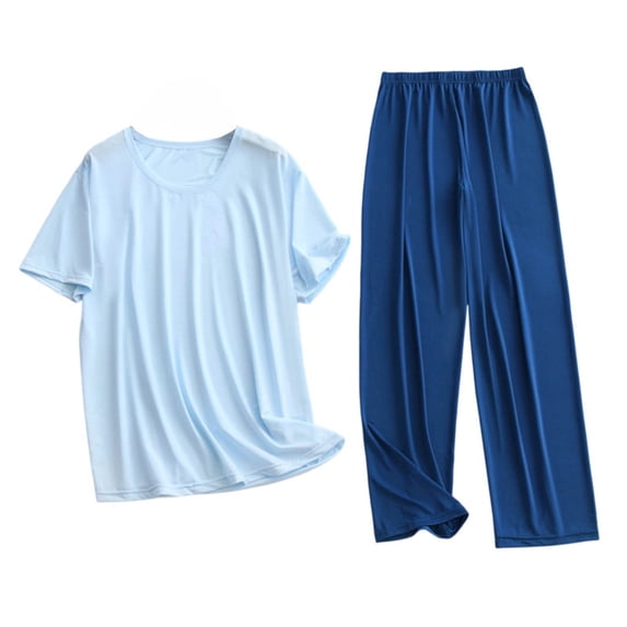 Mens Big and Tall Pajama Set Bamboo Viscose Soft Pijamas Sets for Men Loose Fit Short Sleeve Full Length Pants Pjs Sleepwear with Pockets Size L-5XL Sky Blue
