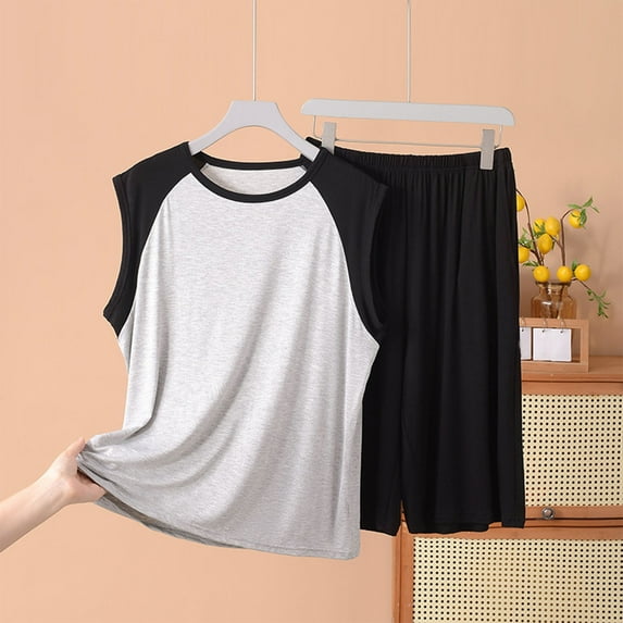 Mens Big & Tall Pajamas Sets XL-5X Plus Size Soft Modal Sleepwear Sleeveless Tank Tops Shorts Color-Block Loungewear Set with Pockets