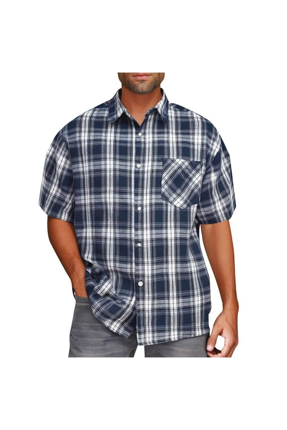 Mens Big & Tall Plaid Shirt, Short Sleeve Shirts for Men Summer Fashion Printed Button Down T-Shirts Tops with Pockets M-5XL