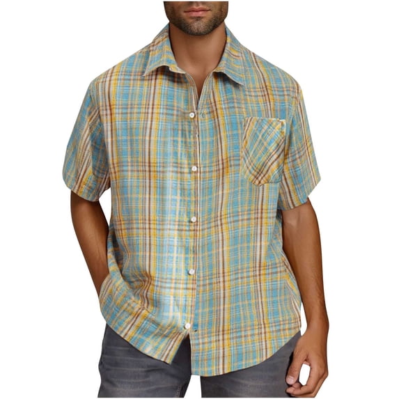 Mens Big & Tall Plaid Shirt, Short Sleeve Shirts for Men Summer Fashion Printed Button Down T-Shirts Tops with Pockets M-5XL