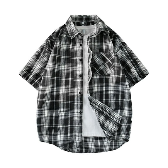 Mens Big & Tall Plaid Shirts, Short Sleeve Shirts for Men Summer Casual Vintage Loose Fit Lapel Button Down Dressy Blouses with Pockets M-5XL
