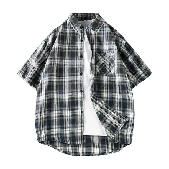 Mens Big & Tall Plaid Shirts, Short Sleeve Shirts for Men Summer Casual Vintage Loose Fit Lapel Button Down Dressy Blouses with Pockets M-5XL