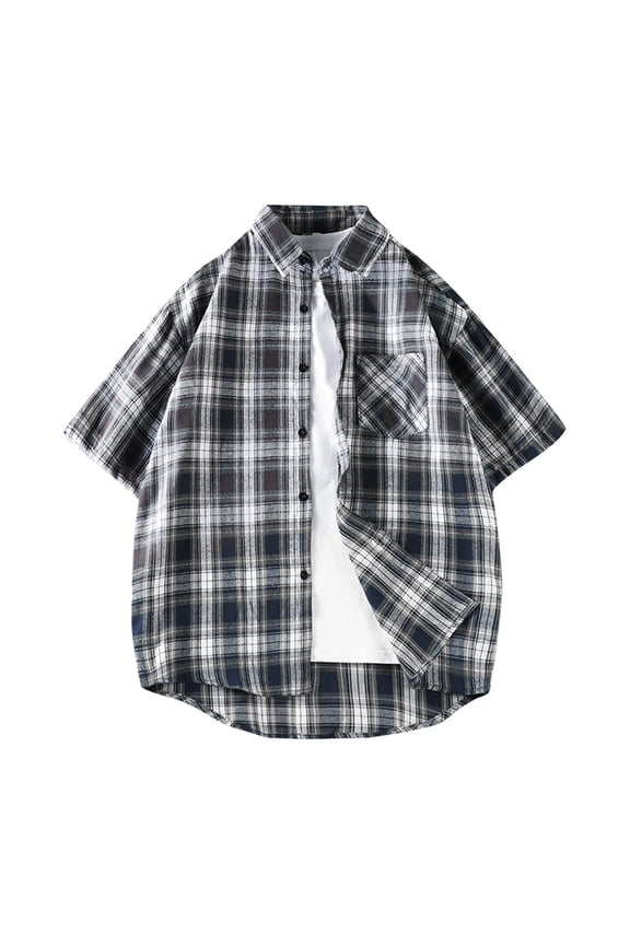 Mens Big & Tall Plaid Shirts, Short Sleeve Shirts for Men Summer Casual Vintage Loose Fit Lapel Button Down Dressy Blouses with Pockets M-5XL