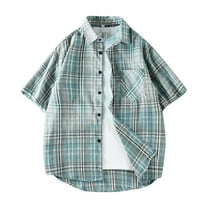 Mens Big & Tall Plaid Shirts, Short Sleeve Shirts for Men Summer Casual Vintage Loose Fit Lapel Button Down Dressy Blouses with Pockets M-5XL