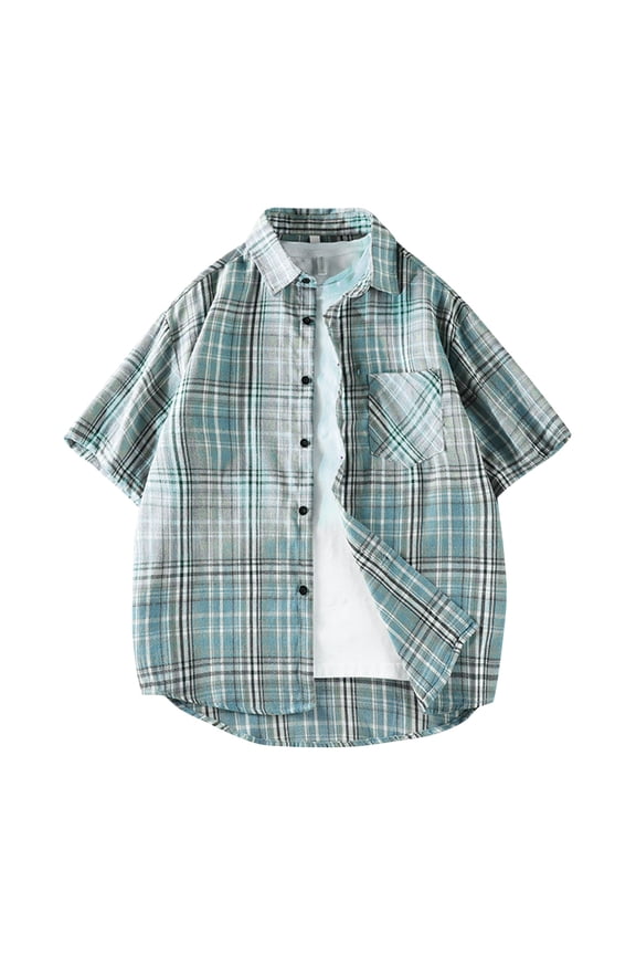 Mens Big & Tall Plaid Shirts, Short Sleeve Shirts for Men Summer Casual Vintage Loose Fit Lapel Button Down Dressy Blouses with Pockets M-5XL