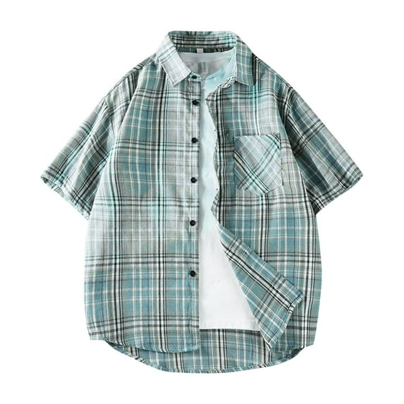 Mens Big & Tall Plaid Shirts, Short Sleeve Shirts for Men Summer Casual Vintage Loose Fit Lapel Button Down Dressy Blouses with Pockets M-5XL