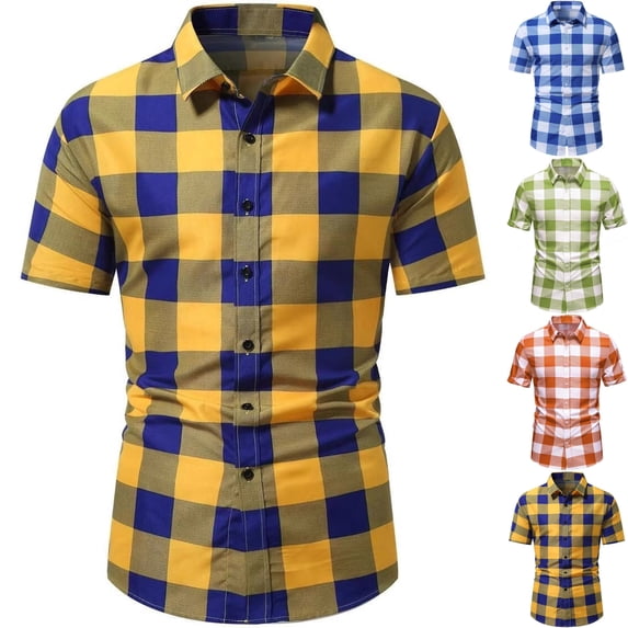 Mens Big & Tall Plaid Short Sleeve Button Down Shirt, Gingham Check Regular Fit Top, Summer Business Casual Work Beach Vacation Cardigan Shirts