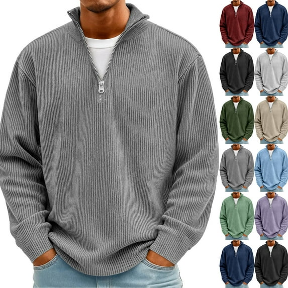 Mens Big and Tall Quarter Zip Pullover Solid Color Ribbed Knit Polo Sweaters Zip Mock Neck Long Sleeve Polo Sweaters Winter Warm Casual Quarter-Zip Polo Sweatshirt
