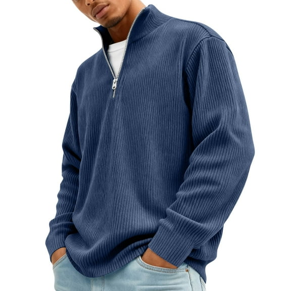 Mens Big and Tall Ribbed Knit Polo Sweaters Winter Warm Casual Quarter Zip Pullover Long Sleeve Zip Mock Neck Polo Sweaters Solid Color Quarter Zip Polo Sweatshirt