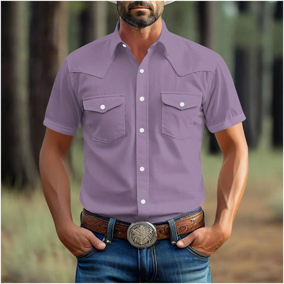 Mens Big & Tall Shirts Plus Size S-5X Short Sleeve Button-Down T-Shirts with Pockets and Collared Solid Color Vintage Cowboy Tshirts Shirt
