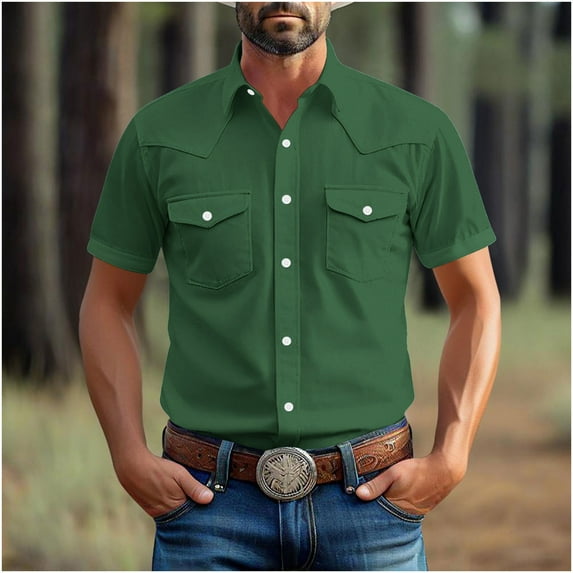 Mens Big & Tall Shirts Plus Size S-5X Short Sleeve Button-Down T-Shirts with Pockets and Collared Solid Color Vintage Cowboy Tshirts Shirt