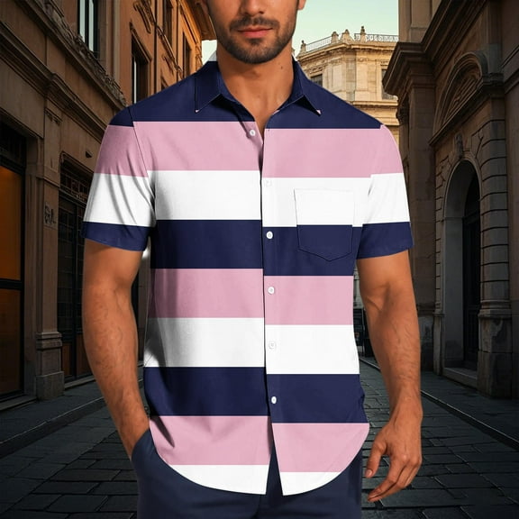 Mens Big & Tall Shirts with Pocket S-5X Plus Size Short Sleeve Button-Down T-Shirts Trendy Stripe Printed Collared Hawaiian Beach Tees Tops