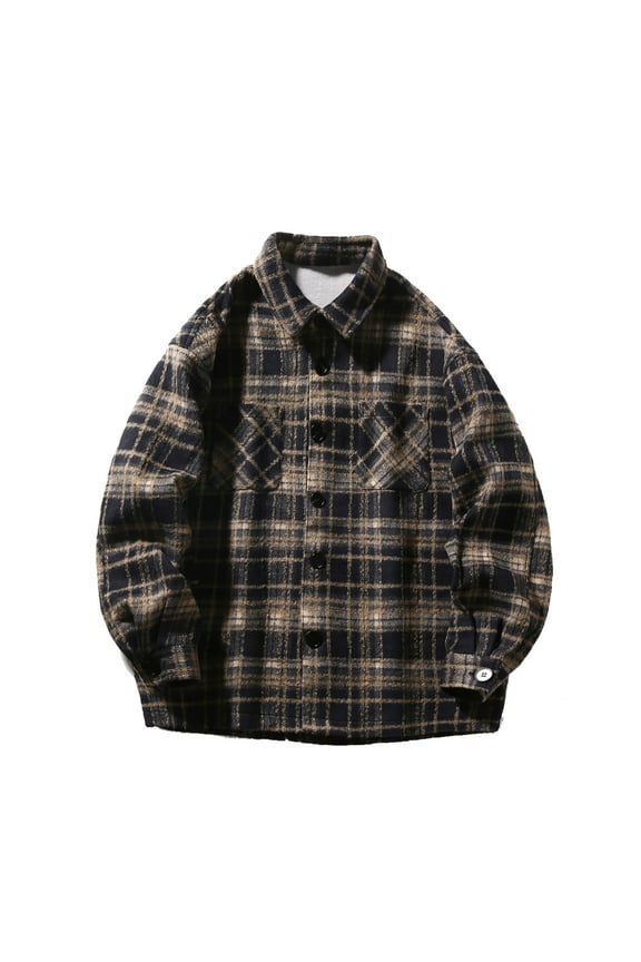 Mens Big & Tall Shirts with Pockets Plus Size M-5X Long Sleeve Wool Shackets Shirt Button-Down Collared Trendy Plaid Printed Warm Work Tops