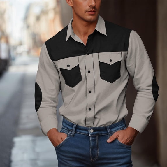 Mens Big & Tall Shirts with Pockets Plus Size S-5X Long Sleeve Work Tshirts Shirt Button-Down Collared Vintage Color Block Cowboys Tops