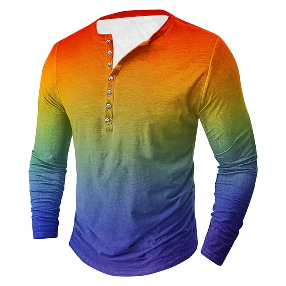 Mens Big & Tall T Shirts Plus Size S-5X Long Sleeve Button Crewneck Tees Tops Pullover Gradient Printed Slim Going-Out Athletic Workout Tshirts Shirt