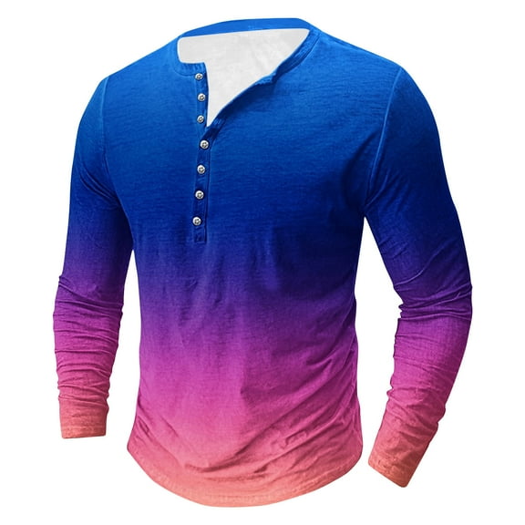 Mens Big & Tall T Shirts Plus Size S-5X Long Sleeve Button Crewneck Tees Tops Pullover Gradient Printed Slim Going-Out Athletic Workout Tshirts Shirt