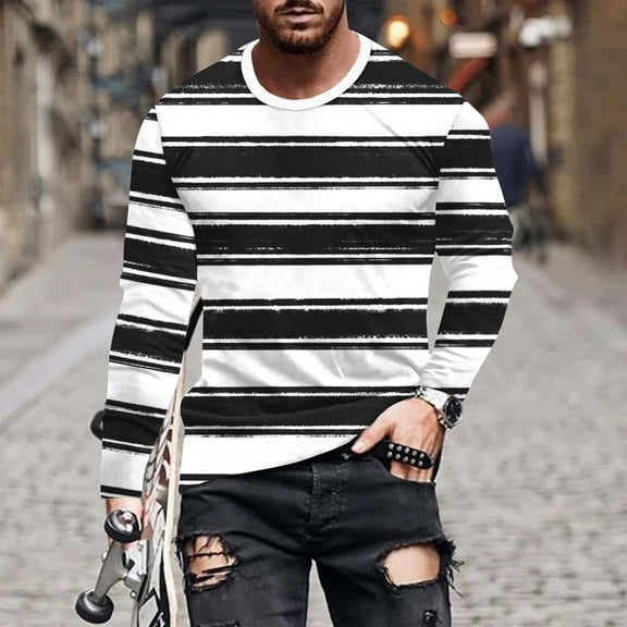 Mens Big & Tall T Shirts S-4X Plus Size Long Sleeve Crewneck Tshirts Shirt Casual Pullover Stripe Printed Slim Basic Going-Out Loungewear Tees Tops