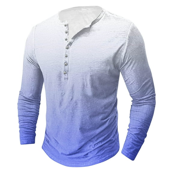 Mens Big & Tall T Shirts S-5X Plus Size Long Sleeve Button Crewneck Tshirts Shirt Lightweight Gradient Printed Pullover Slim Basic Tees Tops