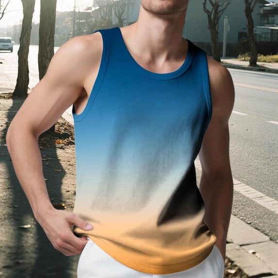 Mens Big & Tall Tank Tops S-5X Plus Size Sleeveless Crewneck Shirts Casual Gradient Printed Pullover Slim Breathable Gym Athletic Workout Vests