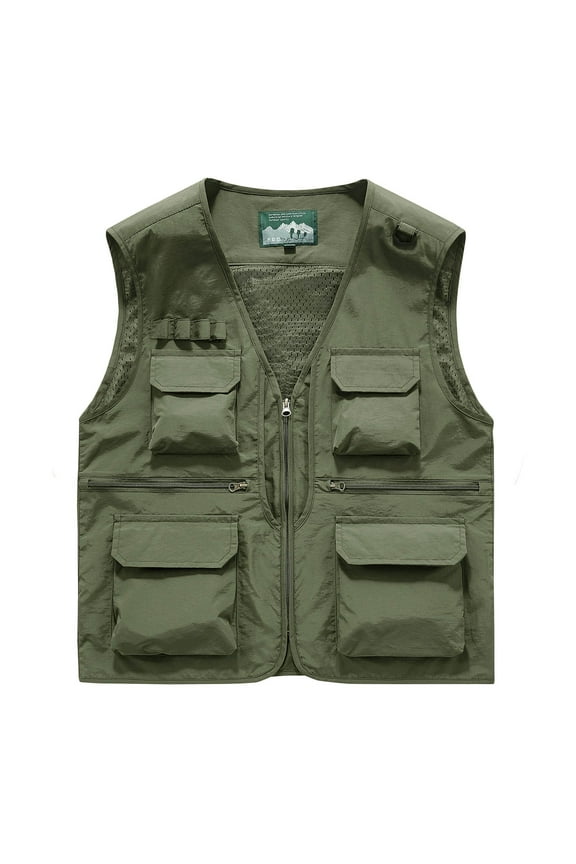 Mens Big & Tall Vests M-6XL Plus Size Sleeveless Zip-Up V Neck Tank Tops with Multi-Pockets Solid Breathable Outdoor Hunting Fishing Vest