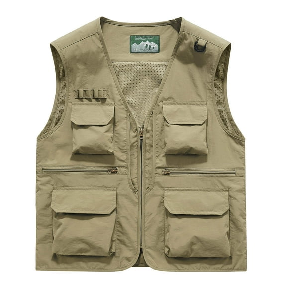 Mens Big & Tall Vests M-6XL Plus Size Sleeveless Zip-Up V Neck Tank Tops with Multi-Pockets Solid Breathable Outdoor Hunting Fishing Vest