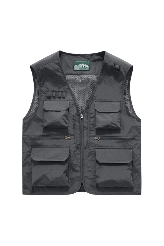 Mens Big & Tall Vests M-6XL Plus Size Sleeveless Zip-Up V Neck Tank Tops with Multi-Pockets Solid Breathable Outdoor Hunting Fishing Vest