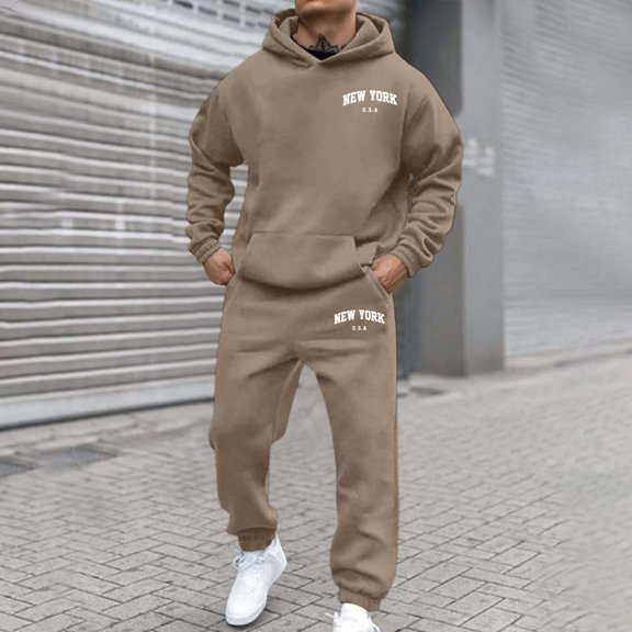 Mens Big and Tall Workout Gym 2 Piece Set Winter Sweatsuits City Print Hoodie and Sweatpants Sport Tracksuits Athletic Jogging Sweat Suits Lounge Outfit