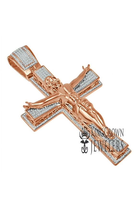 Mens Big XL 3.5'' Real Rose Sterling Silver Jesus Crucifix Cross Charm Simulated Diamond Custom Pendent