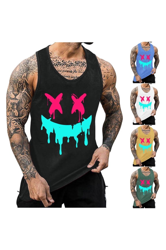 Mens Big and Tall Hawaiian Tank Tops Funny Smiling Face Print Tanks Sleeveless Fashion Muscle Shirt Breathable Comfy Crewneck Top
