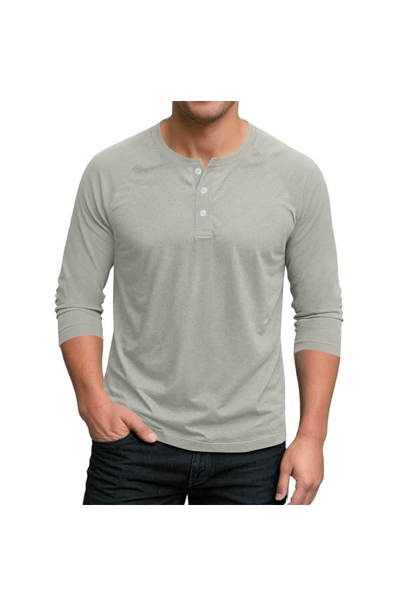 Mens Big and Tall Henley Shirt, Long Sleeve Shirts for Men Fall Casual Loose Fit Solid Color Button Up Crewneck T-Shirts Tops