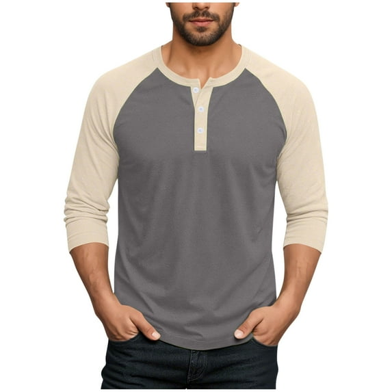 Mens Big and Tall Henley Shirt, Long Sleeve Shirts for Men Fall Fashion Loose Fit Color Patchwork Raglan Sleeve Button Up T-Shirts