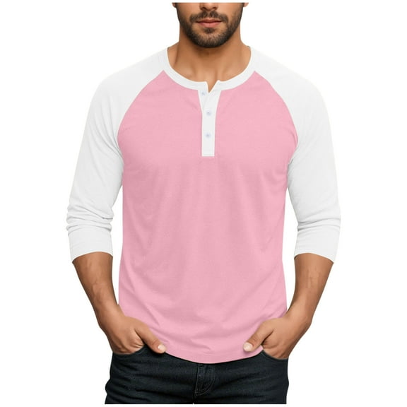 Mens Big and Tall Henley Shirt, Long Sleeve Shirts for Men Fall Fashion Loose Fit Color Patchwork Raglan Sleeve Button Up T-Shirts