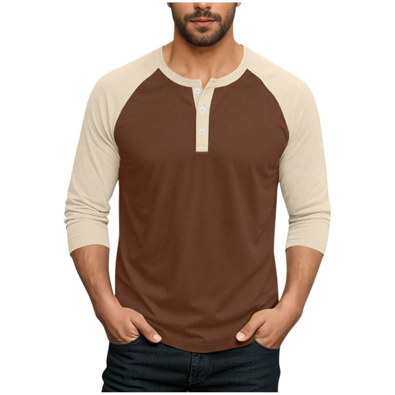 Mens Big and Tall Henley Shirt, Long Sleeve Shirts for Men Fall Fashion Loose Fit Color Patchwork Raglan Sleeve Button Up T-Shirts