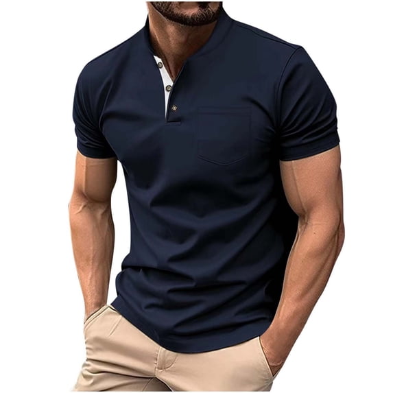 Mens Big and Tall Henley Shirts, Short Sleeve Shirts for Men Summer Casual Loose Fit Solid Color Button Up Crewneck T-Shirts with Pockets