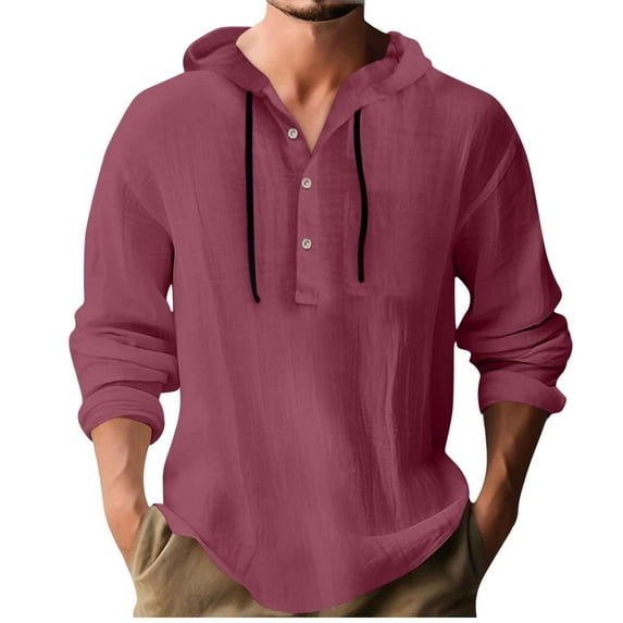 Mens Big and Tall Linen Blouses, Long Sleeve Shirts for Men Fall Casual Vintage Solid Color Drawstring Button Up Hoodies with Pockets