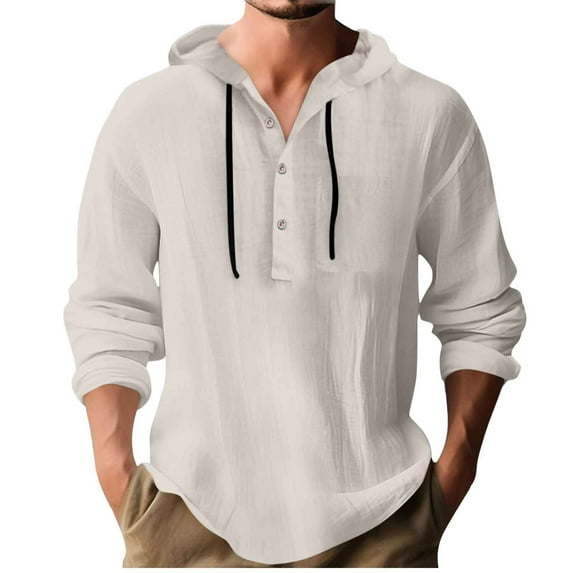 Mens Big and Tall Linen Blouses, Long Sleeve Shirts for Men Fall Casual Vintage Solid Color Drawstring Button Up Hoodies with Pockets