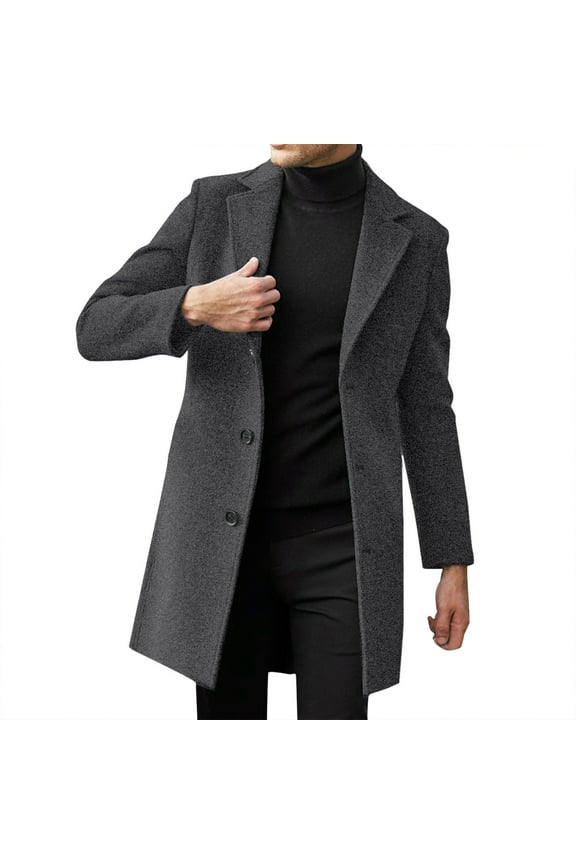 Mens Big and Tall Notched Lapel Single Pea Coats Trench Jackets Dark Gray L