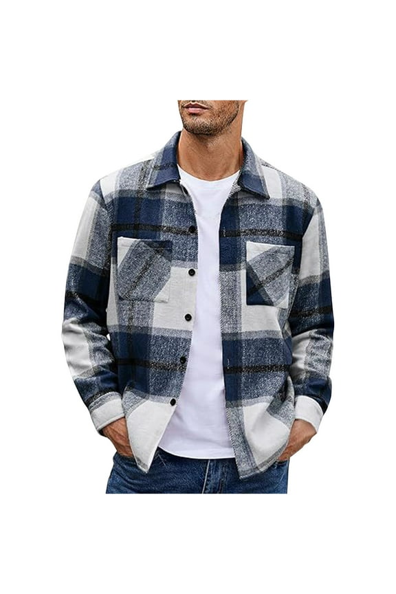 Mens Big and Tall Shacket Jacket, Men's Flannel Shirts Casual Button Down Plaid Shirt Jacket Long Sleeve Fleece Shacket with Pockets S-4XL