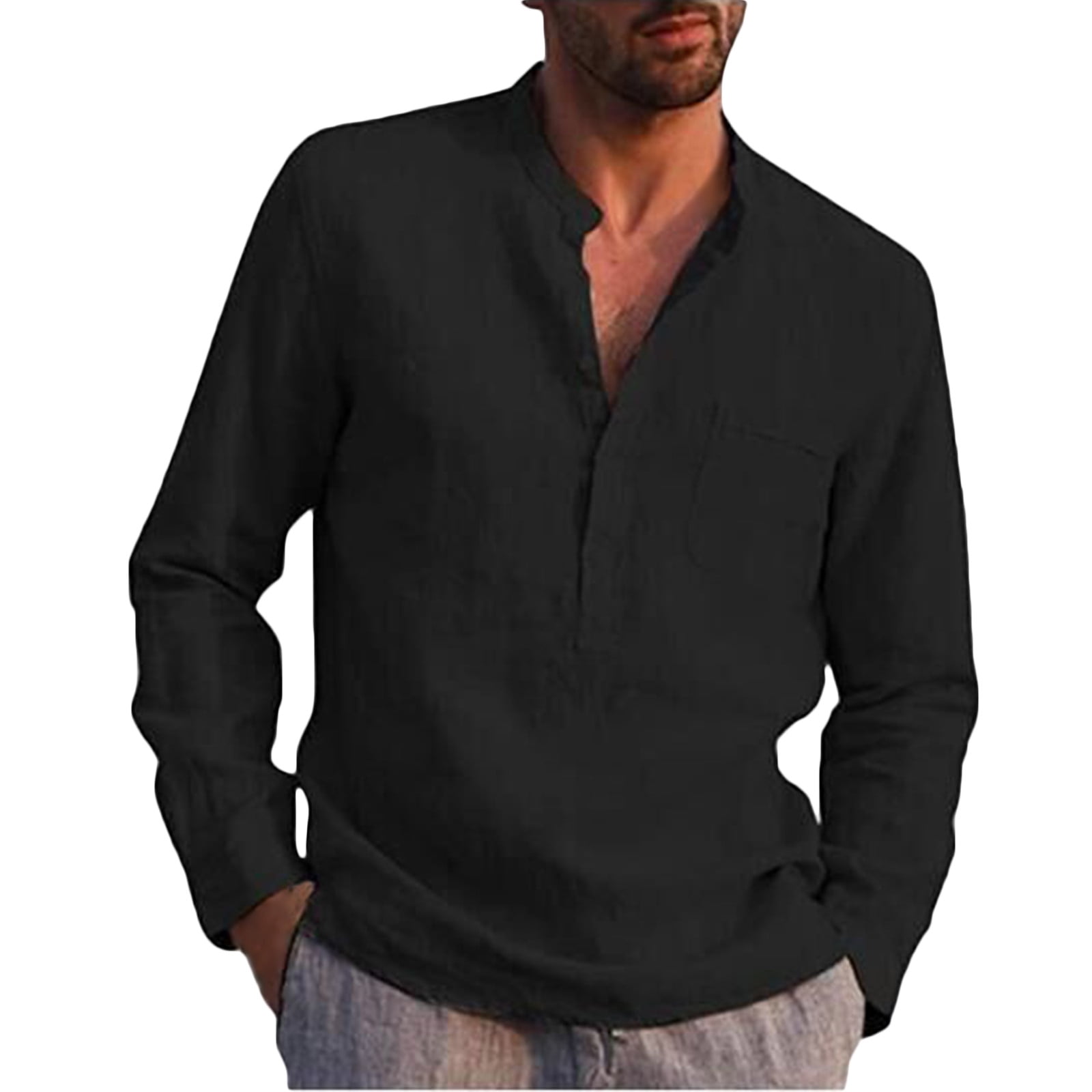 Mens Big and Tall Shirts with Pocket Long Sleeve Button Stand Collared ...