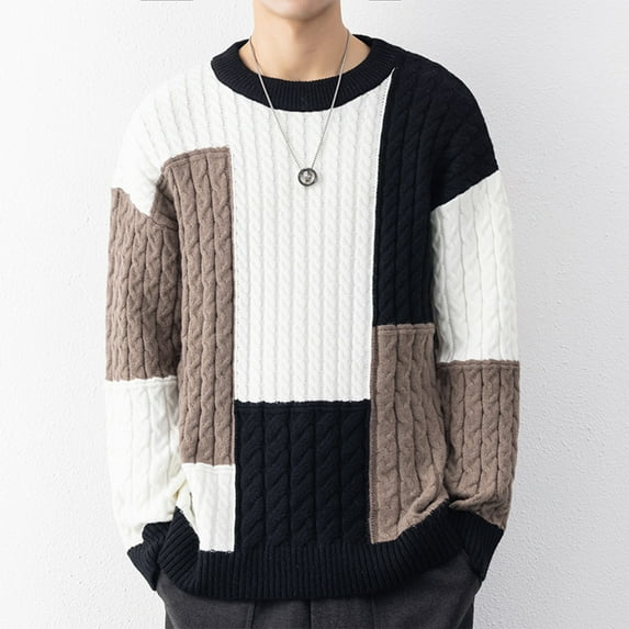 Mens Big and Tall Sweaters M-4XL Plus Size Long Sleeve Crew Neck Pullover Sweater Casual Color Block Warm Chunky Cable Knitted Sweatshirts