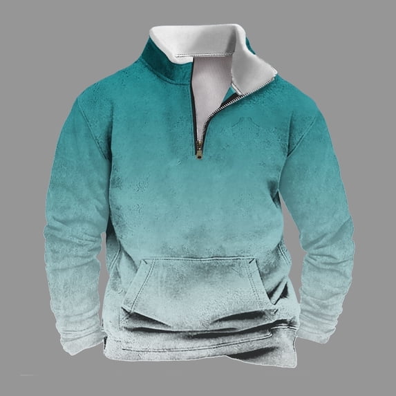Mens Big and Tall Sweatshirts S-4XL Plus Size With Zipper Pocket Pullover Sherpa Lined Stand Collar Long Sleeve Gradient No Hood Sweatshirt
