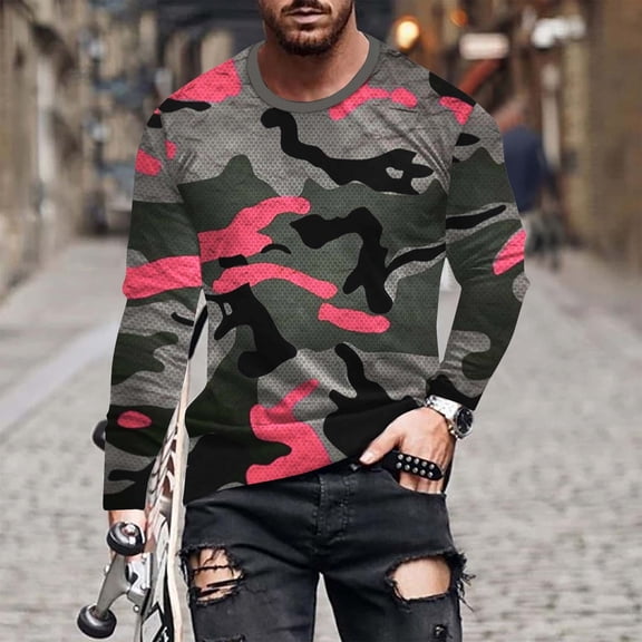 Mens Big and Tall T-Shirts M-4X Plus Size Long Sleeve Round Neck Breathable T-Shirts Casual Camouflage Printed Loose Comfort Pullover Tops