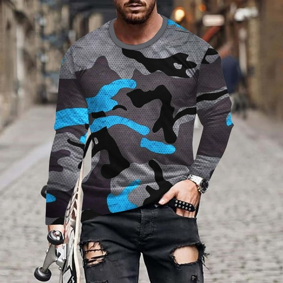 Mens Big and Tall T-Shirts M-4X Plus Size Long Sleeve Round Neck Breathable T-Shirts Casual Camouflage Printed Loose Comfort Pullover Tops